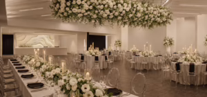 Inside VUE Boulder. Banquet tables with large, white floral arrangements.